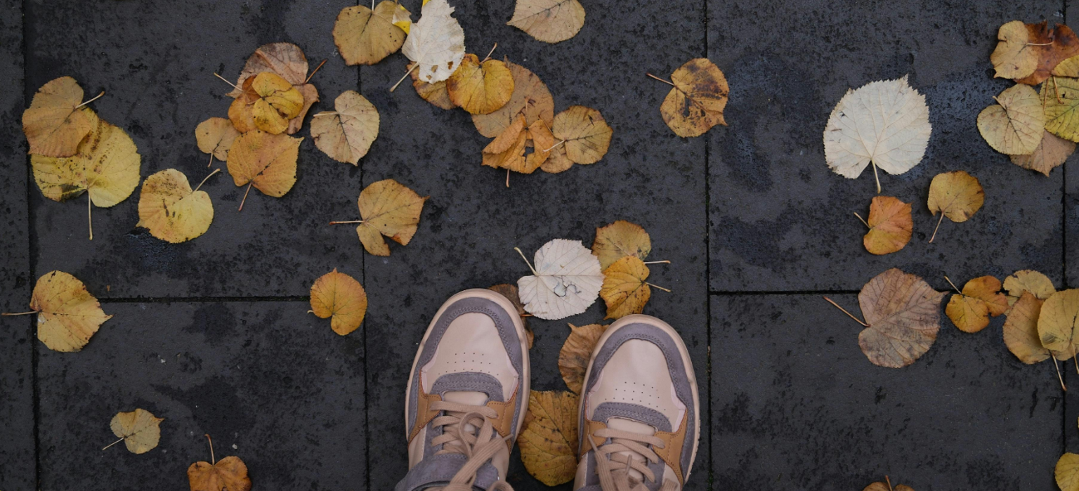 Herbstlaub auf einem dunklen Gehweg mit Blick auf Schuhe – Rutschgefahr durch Laub und mögliche Haftung bei Stürzen.